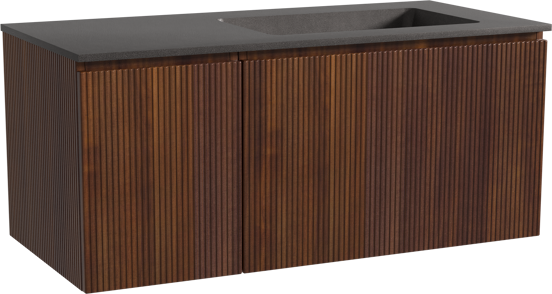 Storke Ribs hängendes Möbelstück Set: 110 x 52 cm, Nussbaum, mit Scuro Waschtisch rechts, Quarz, Schwarz matt, Vertikale symmetrische gerade Rippe