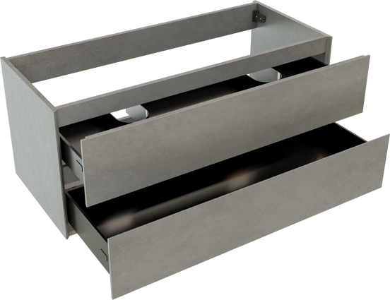 Storke Edge hängender Waschbeckenunterschrank: 120 x 52 cm, Beton dunkelgrau, 2 Schubladen, 2 Siphonaussparungen