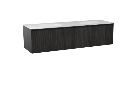 Balmani Forma hängendes Möbelstück Set: 180 x 55 cm, Schwarze Eiche, mit Tablo Oval Doppelwaschtisch, Solid Surface, Weiß matt, Vertikale symmetrische gerade Rippe
