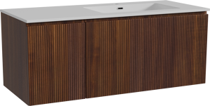 Storke Ribs meuble salle de bains suspendu 120 x 52 cm noyer avec Diva plan vasque asymétrique à droite en marbre composite blanc brillant, Nervure droite symétrique verticale