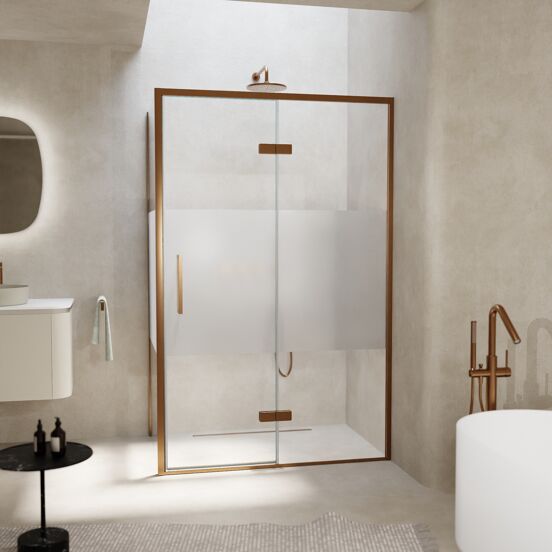 Balmani Senses Design douchehoek met rechtse draaideur en vaste zijwand, 120 x 100 cm, Helder glas met matte strook, Brushed Rosegold profielen, met coating