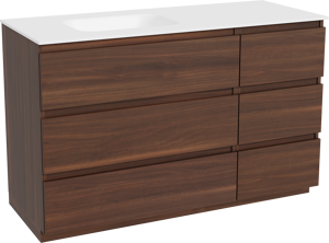 Balmani Lucida staand badkamermeubel 135 x 55 cm amerikaanse notelaar met Tablo Arcato asymmetrisch linkse wastafel in solid surface mat wit
