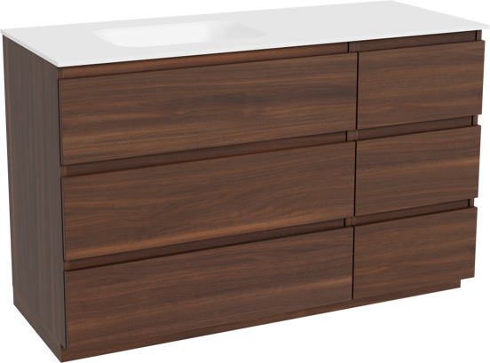 Balmani Lucida meuble salle de bains à poser 135 x 55 cm noyer américain avec Tablo Arcato vasque asymétrique gauche en solid surface blanc mat