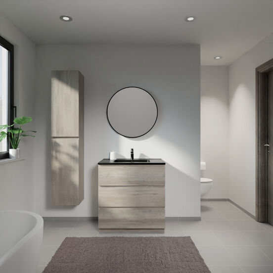 Linie Lado meuble salle de bains à poser 80 x 46 cm chêne gris avec Vano plan simple en marbre composite noir mat