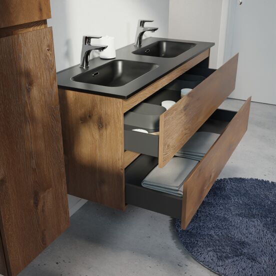 Linie Lado hängendes Möbelstück Set: 120 x 46 cm, Braune Eiche, mit Baro Doppelwaschtisch, Porzellan Schwarz matt