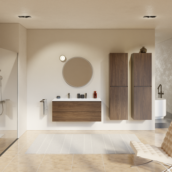 Balmani Mitra meuble salle de bains suspendu 120 x 55 cm noyer américain avec Tablo Oval lavabo simple pour 2 trous de robinet en solid surface blanc mat
