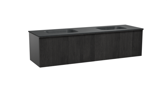 Balmani Forma zwevend badkamermeubel 180 x 55 cm zwarte eik met Tablo Arcato dubbele wastafel in graniet zwart, Verticale symmetrische rechte ribbel