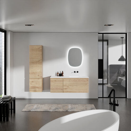 Balmani Lucida meuble salle de bains suspendu 135 x 55 cm chêne brut avec Tablo Arcato vasque asymétrique droite en solid surface blanc mat