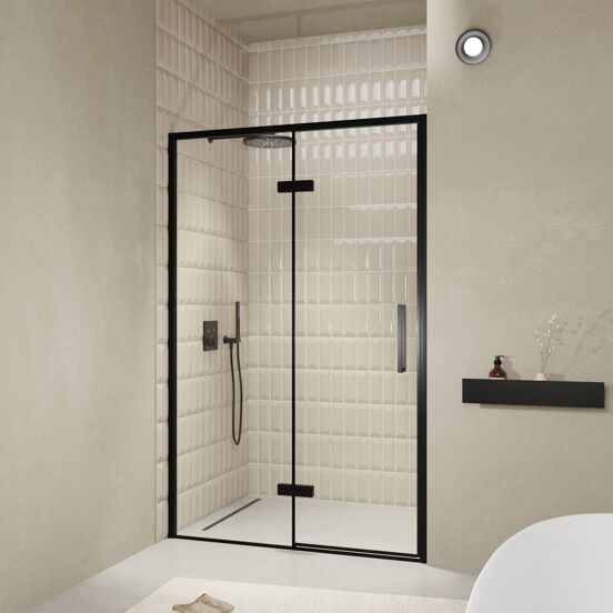 Balmani Senses Design douche draaideur links 140 cm x 210 cm Helder glas, Zwarte profielen