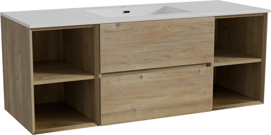 Storke Edge zwevend badmeubel 135 x 52 cm ruw eiken met Diva enkele wastafel in composietmarmer hoogglans wit