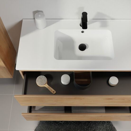 Linie Lado zwevend badmeubel 100 x 46 cm naturel eiken met Vano asymmetrisch rechtse wastafel in composietmarmer hoogglans wit