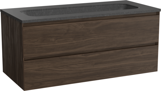 Balmani Mitra zwevend badkamermeubel 120 x 55 cm amerikaanse notelaar met Tablo Arcato enkele wastafel voor 2 kraangaten in graniet zwart