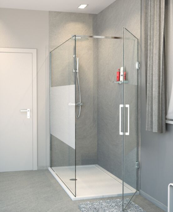 Balmani Modular Walk-In-Dusche mit Tür Rechts 160 x 200 cm, Klarglas mit mattiertem Streifen, Profil chrom glänzend