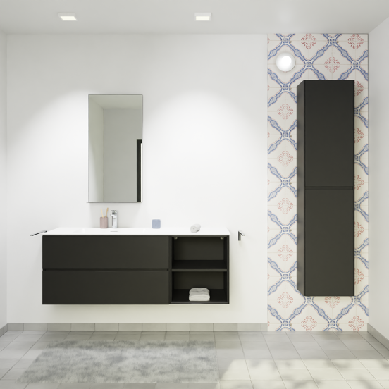 Storke Edge meuble salle de bains suspendu 140 x 52 cm noir mat avec Scuro High plan vasque asymétrique à gauche en quartz noir mat