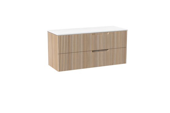 Linie Ribbo meuble salle de bains suspendu 120 x 46 cm chêne clair avec Lado tablette double en marbre composite blanc mat, Nervure circulaire symétrique verticale