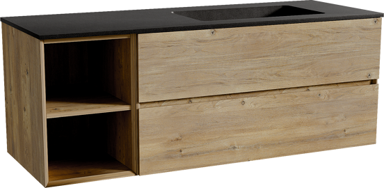 Storke Edge zwevend badmeubel 140 x 52 cm ruw eiken met Scuro asymmetrisch rechtse wastafel in kwarts mat zwart