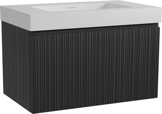 Storke Ribs zwevend badkamermeubel 85 x 52 cm zwarte eik met Mata High enkele wastafel in solid surface mat wit, Verticale asymmetrische rechte ribbel