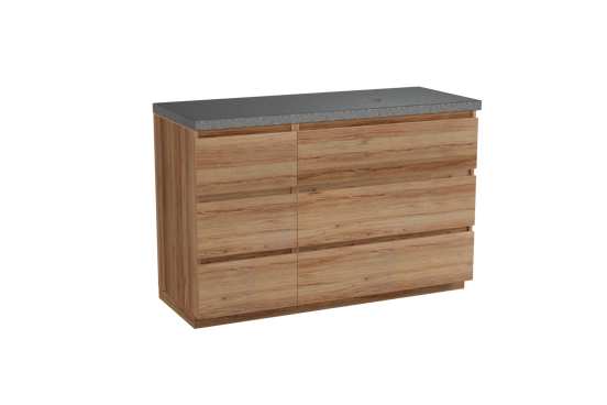 Balmani Lucida freistehendes Möbelstück Set: 135 x 55 cm, Teak, mit Rock Waschtisch rechts, Schwarzes Granit