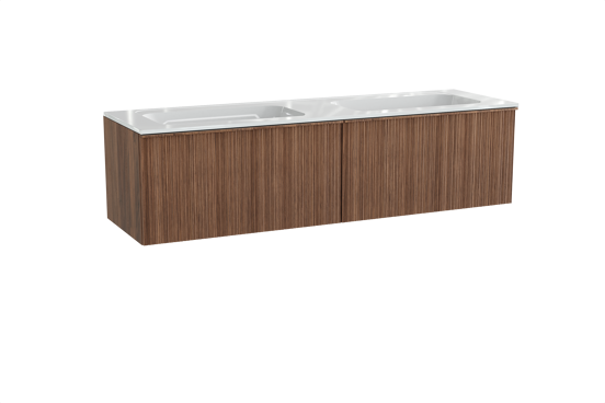 Balmani Forma zwevend badkamermeubel 180 x 55 cm amerikaanse notelaar met Tablo Strada dubbele wastafel in composietmarmer glanzend wit, Verticale asymmetrische ronde ribbel