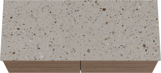 Balmani Forma hängendes Möbelstück Set: 135 x 55 cm, Amerikanischer Nussbaum, mit Stretto Einzel- oder Doppel Waschtischplatte, Terrazzo in Greige, Horizontale symmetrische gerade Rippe