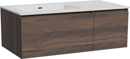 Storke Edge zwevend badkamermeubel 100 x 52 cm notelaar met Diva asymmetrisch linkse wastafel in composietmarmer glanzend wit
