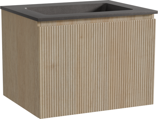 Storke Ribs hängendes Möbelstück Set: 65 x 52 cm, Rohe Eiche, mit Scuro Einzelwaschtisch, Quarz, Schwarz matt, Vertikale symmetrische gerade Rippe
