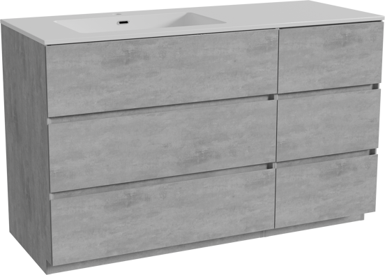 Storke Edge staand badkamermeubel 130 x 52 cm beton donkergrijs met Diva asymmetrisch linkse wastafel in composietmarmer glanzend wit