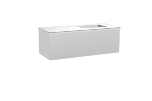 Balmani Fila zwevend badkamermeubel 135 x 55 cm mat wit met Tablo Stretto asymmetrisch rechtse wastafel in solid surface mat wit, Verticale symmetrische rechte ribbel