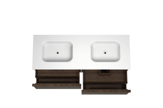 Balmani Forma meuble salle de bains suspendu 150 x 55 cm chêne fumé avec Tablo Arcato double vasque en solid surface blanc mat, Nervure droite symétrique verticale