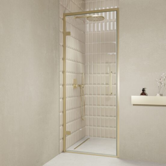 Balmani Senses Design porte pivotante à gauche 90 cm x 210 cm verre transparent, Profil Brushed Champagne Gold, coating inclus