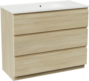 Linie Lado meuble salle de bains à poser 100 x 46 cm chêne blanc avec Vano plan simple en marbre composite blanc brillant