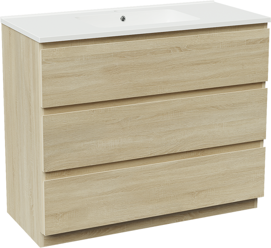 Linie Lado staand badmeubel 100 x 46 cm wit eiken met Vano enkele wastafel in composietmarmer hoogglans wit