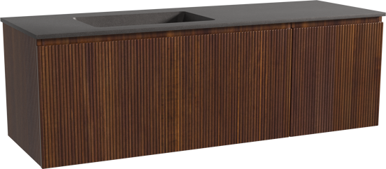 Storke Ribs zwevend badmeubel 150 x 52 cm notenhout met Scuro asymmetrisch linkse wastafel in kwarts mat zwart, Verticale symmetrische rechte ribbel