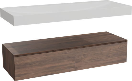 Balmani Mitra Elements hängendes Möbelstück Set: 150 x 55 cm, Amerikanischer Nussbaum mit Wave Einzelwaschtisch für 2 Armaturenlöcher, Solid Surface Weiß matt