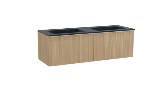 Balmani Forma zwevend badkamermeubel 150 x 55 cm natuur eik met Tablo Strada dubbele wastafel in composietmarmer mat zwart, Verticale asymmetrische ronde ribbel