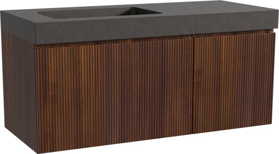 Storke Ribs hängendes Möbelstück Set: 120 x 52 cm, Nussbaum, mit Scuro High Waschtisch links, Quarz, Schwarz matt, Vertikale symmetrische gerade Rippe