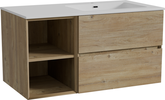 Storke Edge meuble salle de bains suspendu 100 x 52 cm chêne brut avec Diva plan vasque asymétrique à droite en marbre composite blanc brillant