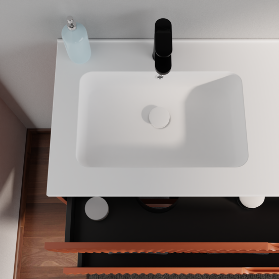 Linie Ribbo meuble salle de bains suspendu 120 x 46 cm cotto avec Vano double vasque en marbre composite blanc mat, Nervure circulaire symétrique verticale