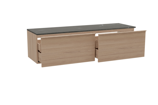 Balmani Forma hängendes Möbelstück Set: 180 x 55 cm, Naturbelassene Eiche, mit Stretto Einzel- oder Doppel Waschtischplatte, Marmor, Pietra Grey, Horizontale symmetrische gerade Rippe