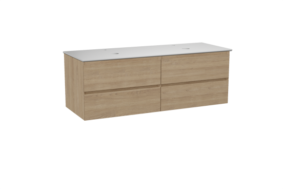 Balmani Mitra zwevend badkamermeubel 150 x 55 cm natuur eik met Facetta dubbel tablet in solid surface mat wit