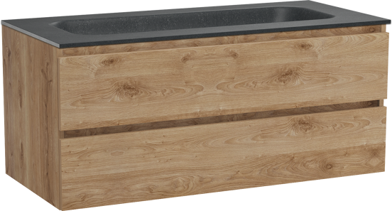 Balmani Lucida meuble salle de bains suspendu 120 x 55 cm chêne brut avec Tablo Arcato lavabo simple pour 2 trous de robinet en granit noir