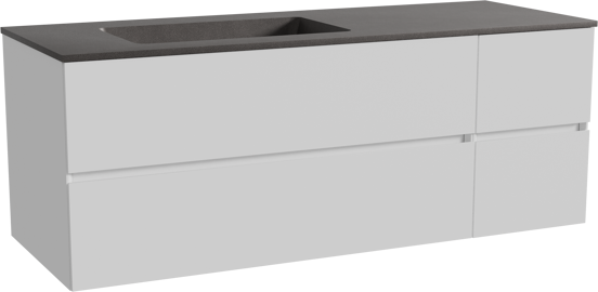 Storke Edge zwevend badmeubel 140 x 52 cm mat wit met Scuro asymmetrisch linkse wastafel in kwarts mat zwart