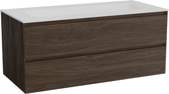 Balmani Mitra meuble salle de bains suspendu 120 x 55 cm noyer américain avec Tablo Arcato lavabo simple pour 2 trous de robinet en solid surface blanc mat
