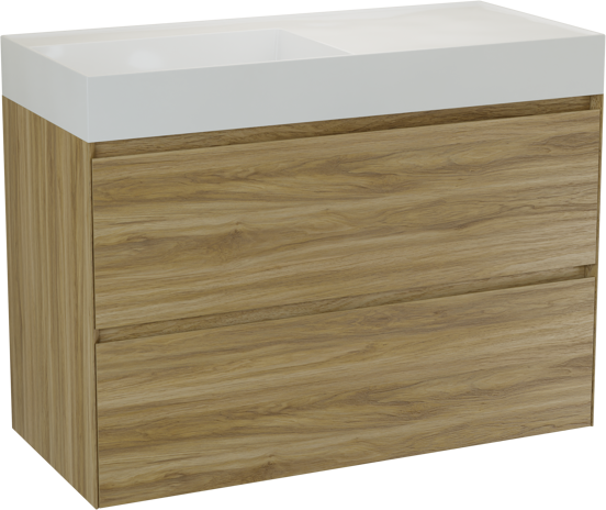 Balmani Mitra Compact meuble salle de bains suspendu 100 x 46 cm chêne brut avec Argila vasque asymétrique gauche en marbre composite blanc brillant