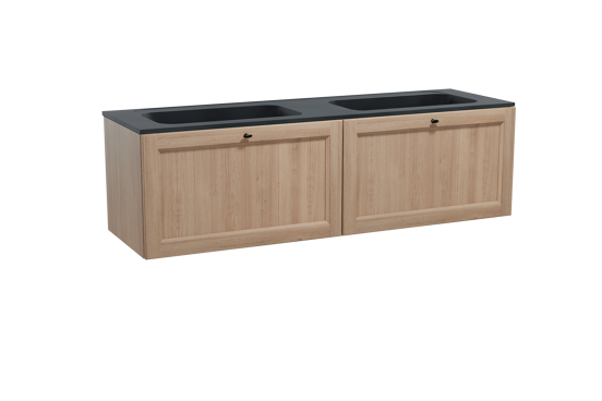 Balmani Lemon hängendes Möbelstück Set: 180 x 55 cm, Verwitterte Eiche, mit Tablo Strada Doppelwaschtisch, Marmorkomposit Schwarz matt