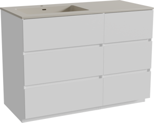 Storke Edge staand badkamermeubel 110 x 52 cm mat wit met Diva asymmetrisch linkse wastafel in top solid zijdegrijs
