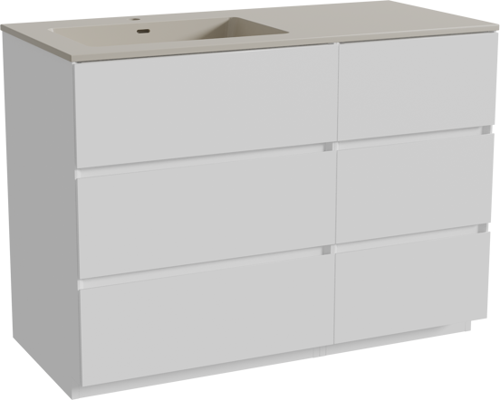 Storke Edge meuble salle de bains à poser 110 x 52 cm blanc mat avec Diva vasque asymétrique gauche en top solid soie grise