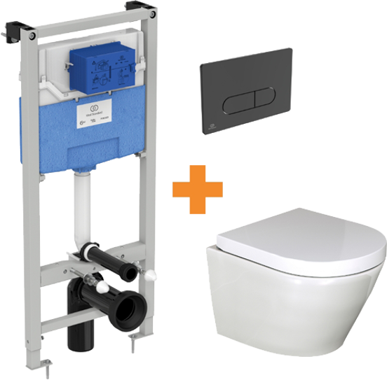 Luca Varess Calibro hangtoilet glanzend wit randloos compact met inbouwreservoir en gratis Ideal Standard Oleas M1 mat zwart bedieningspaneel
