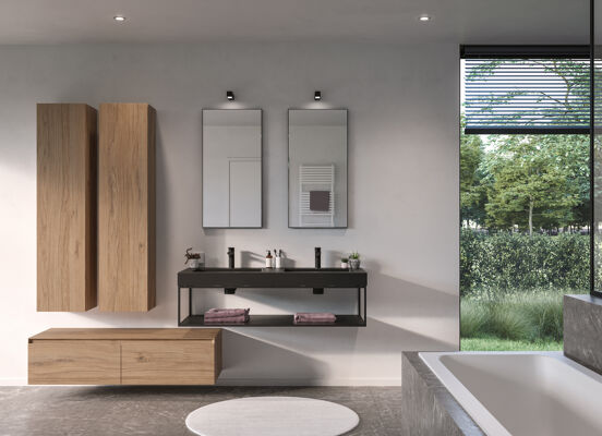 Storke Edge Modulo hängender Waschbeckenunterschrank: 130 x 48 cm, Eiche rustikal, 2 Schubladen