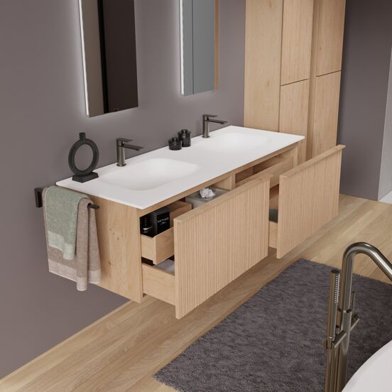 Balmani Forma zwevend badmeubel 150 x 55 cm naturel eiken met Tablo Arcato dubbele wastafel in solid surface mat wit, Verticale asymmetrische ronde ribbel